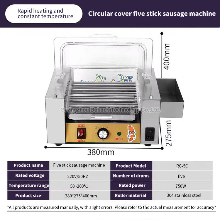 New DEBACK Commercial 5 Stick Sausage Machine Roller Grill Stainless Steel 220V High Productivity Hot Dog Maker