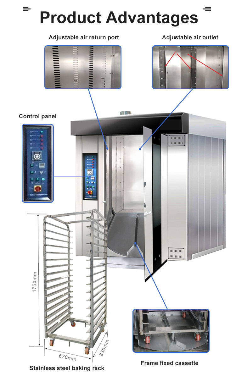 Bread Rotary Rack Oven Gas Baking Machine 32 Trays Rotary Oven Restaurants Food Shops Manufacturing Plants Hotels