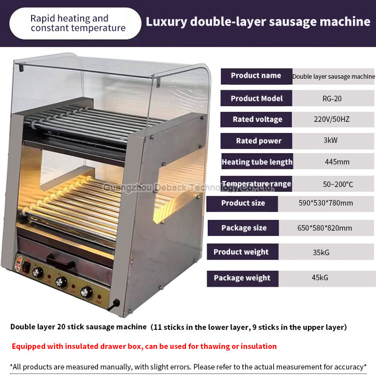 DEBACK 20-Roller Double Layer Commercial Hot Dog Machine Stainless Steel Electric Sausage Grill with Temperature Control