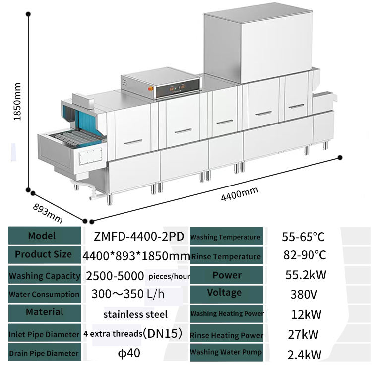 DEBACK Double Cylinder Double Spray Double Drying Long Conveyor Stainless Steel Electric Commercial Dishwasher 380V 1 Year