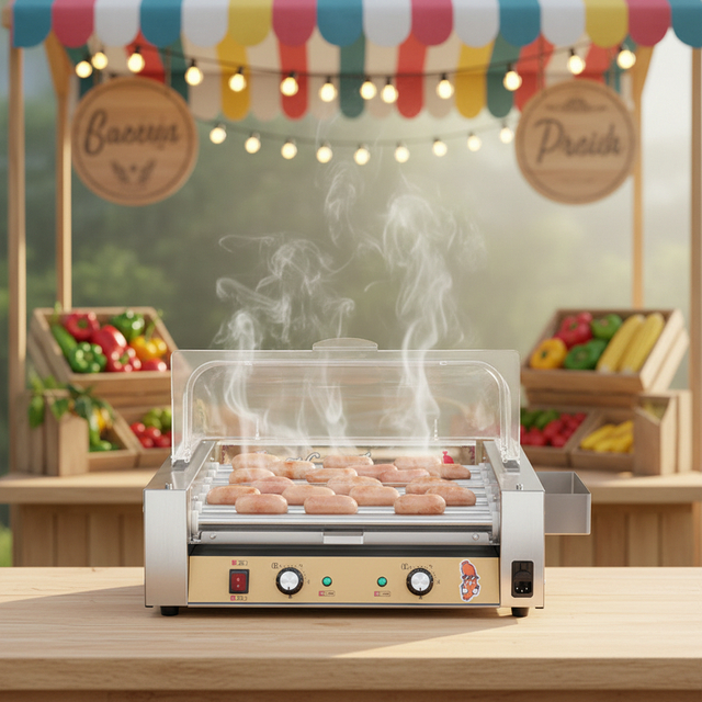 New Commercial Electric Sausage Machine 7 Roller 304 Stainless Steel High Productivity Sausage Grill Maker with Round Cover