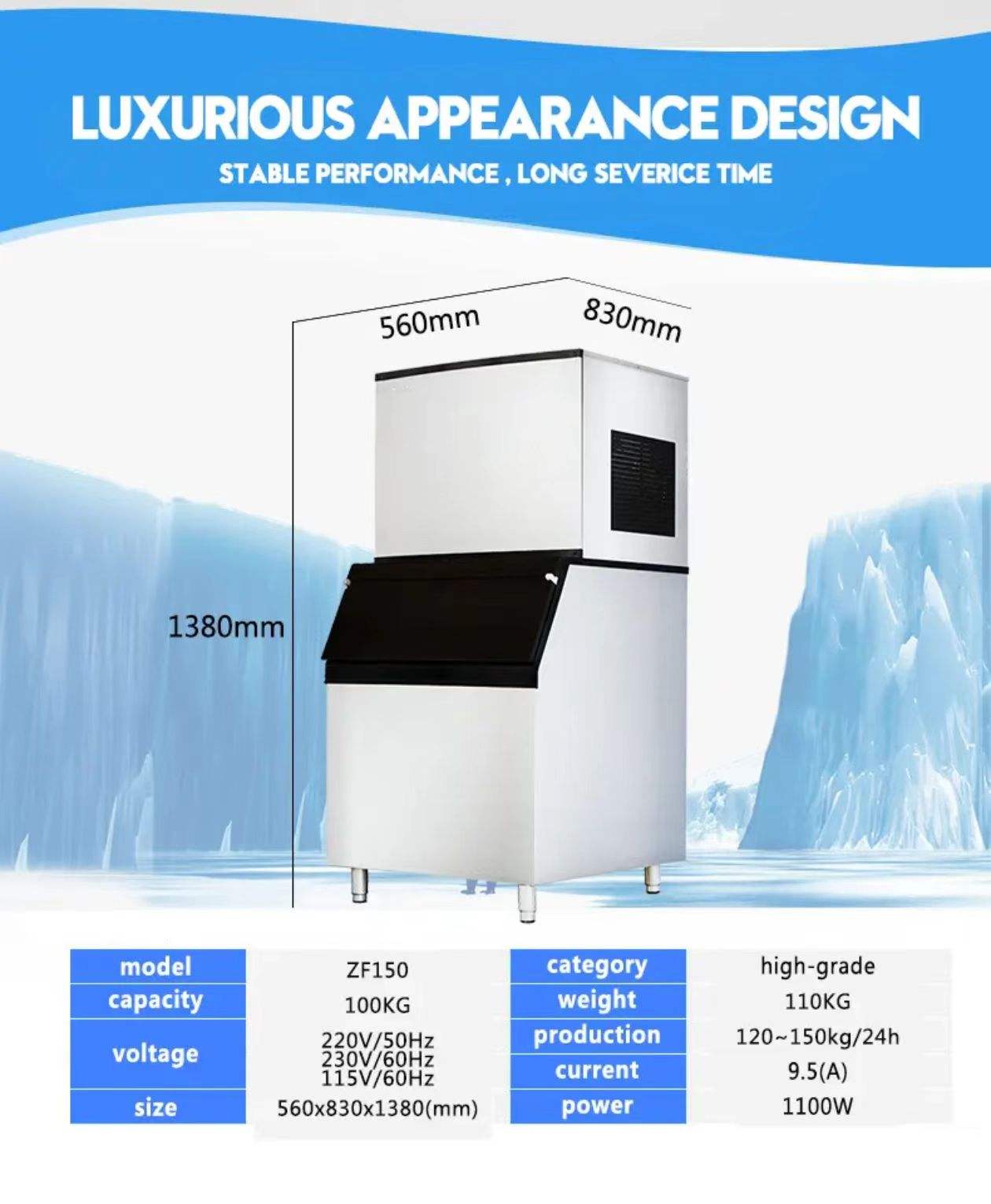 New Condition ZF150 Automatic Cube Ice Maker 220V 150KG/Day Production Water Based with Included Bin