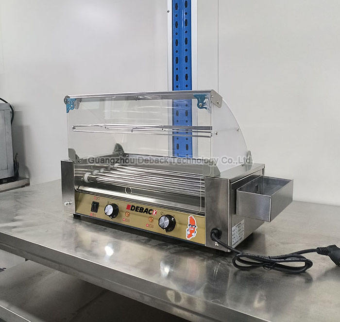 New DEBACK Commercial Electric Sausage Grill 7 Roller Machine Arc Cover Stainless Steel High Productivity Lightweight for Snack